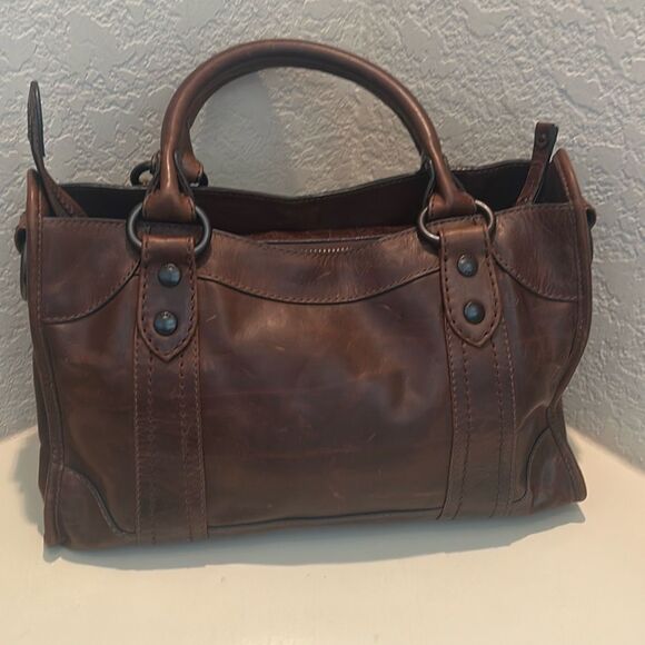 Frye Melissa Leather Satchel Top Handle Bag Brown Distressed Leather Western - Picture 1 of 14